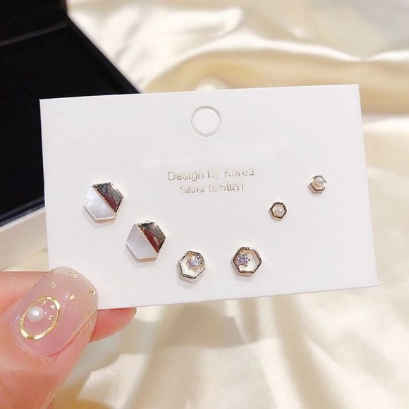 [3 Pairs] 925 Sterling Silver Diamond Earrings D - Picture 3 of 4